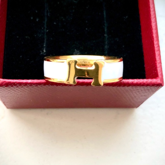 Hermes ring in white enamel / gold - Picture 1 of 6